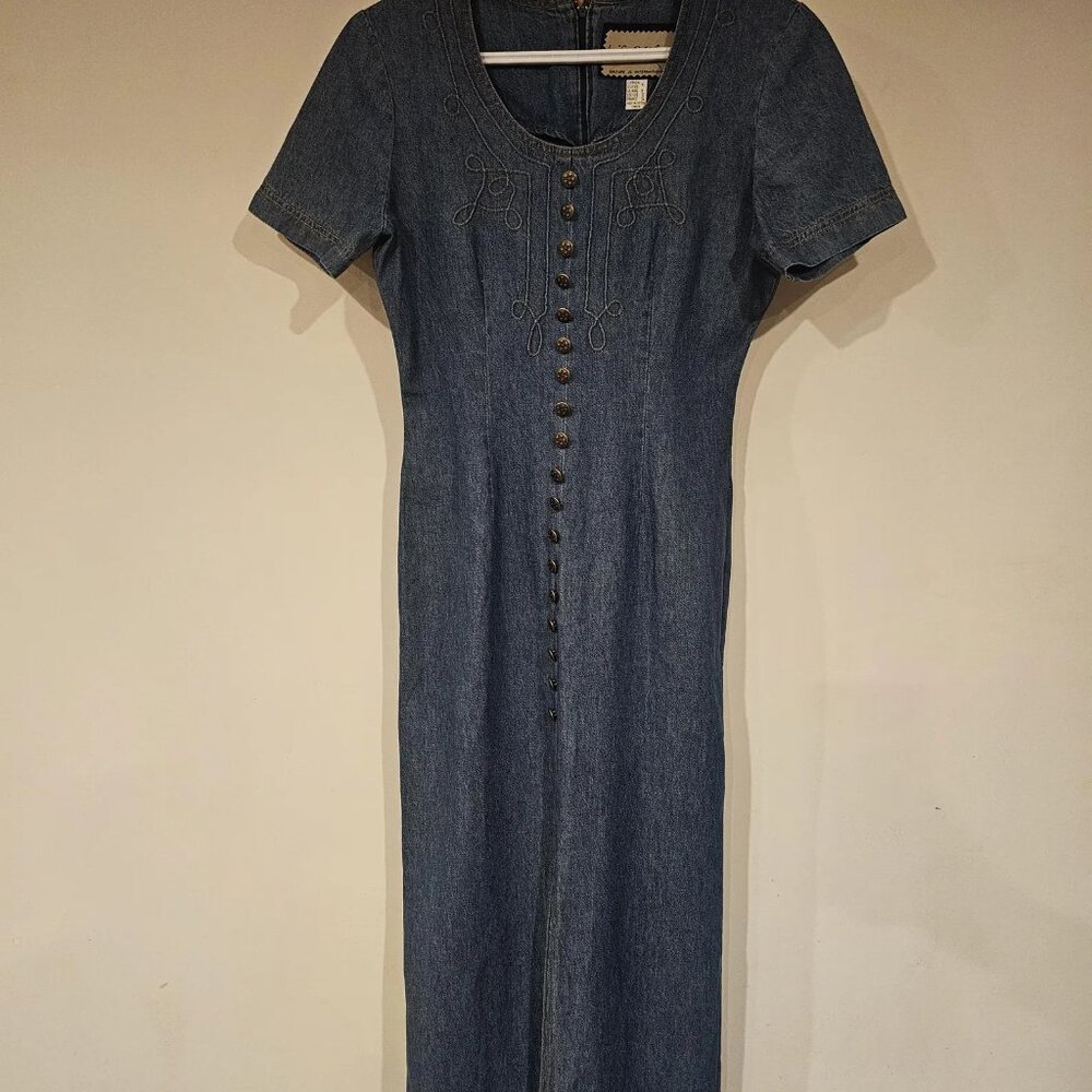 Vintage 90s Maxi Denim Embroidered Dress